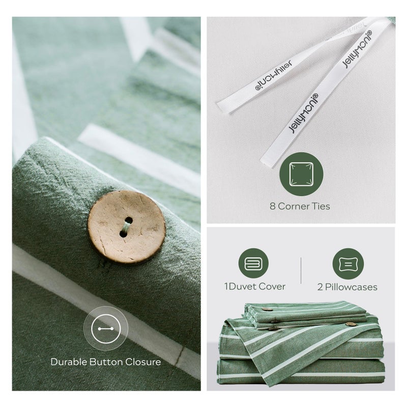 JELLYMONI Cotton Duvet Cover King Size - Green Striped Comforter Cover with Button 100% Washed Cotton 3PCS Breathable Soft Solid Bedding Set Duvet Cover 104Ã—90in & 2 Pillowcases (NO Comforter) - Image 3